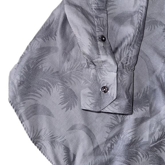Bugatchi Uomo Gray Palm Tree Leaves Flip Cuff Button Up Long Sleeve Shirt Size M - Picture 7 of 13